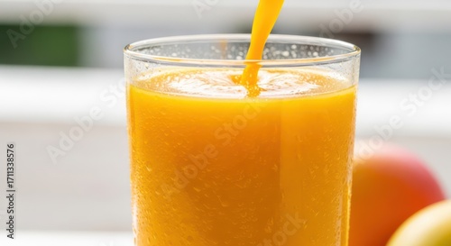 Freshly poured mango juice in a glass with condensation droplets