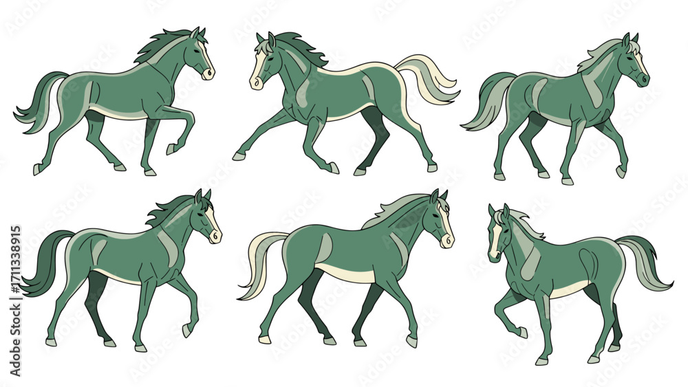 Obraz premium Elegant Green Horses in Various Dynamic Poses Isolated on Transparent Background for Artistic Projects
