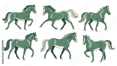Elegant Green Horses in Various Dynamic Poses Isolated on Transparent Background for Artistic Projects