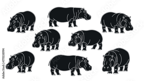 Collection of adorable hippopotamus silhouettes standing together isolated on transparent background