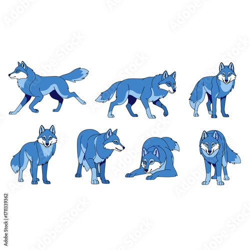 Majestic Blue Wolf Character Poses Set for Digital Art Isolated on Transparent Background