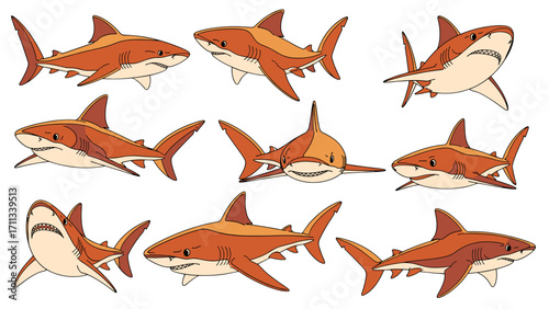 Fierce Brown Sharks in Dynamic Poses Isolated on Transparent Background Vector