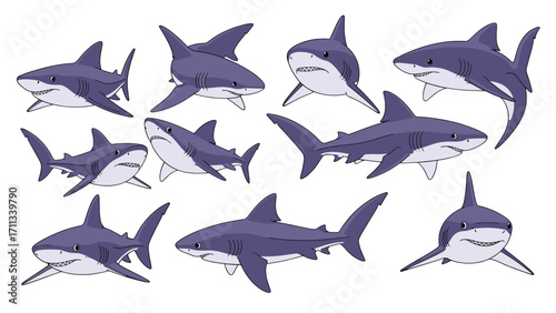 Ocean Predators Fierce Shark Collection Diverse Poses Isolated Transparent Background Illustration Art