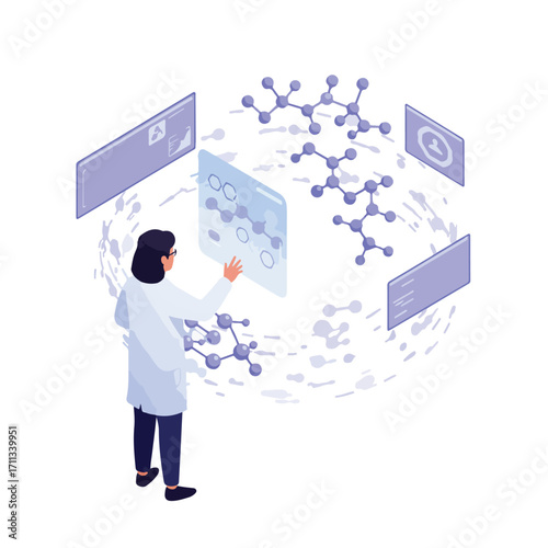 Pioneering Molecular Science: Vector Illustration of a Researcher Analyzing Complex Chemical Structures for Biotech Innovation