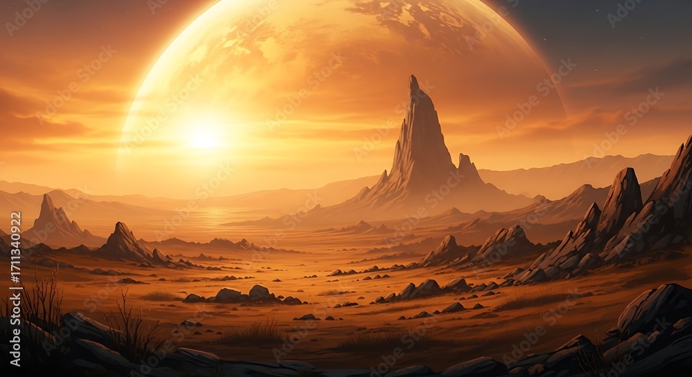 Naklejka premium Desert Landscape Under a Giant Sun.