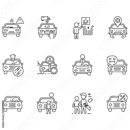 This vector line art set features common car problems, services, and customer needs depicted through simple outline icons. Use these vector icons in web design, infographics, and print materials
