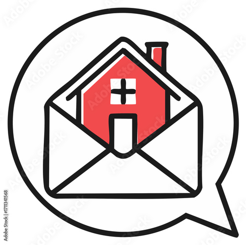 House and envelope illustration in a speech bubble