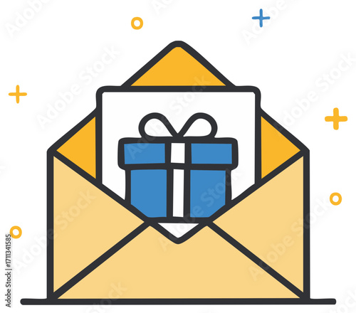 Open envelope with a gift box card icon for birthday or holiday greetings
