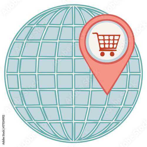 Global shopping concept, a shopping cart graphic within a location pointer and a stylized globe.