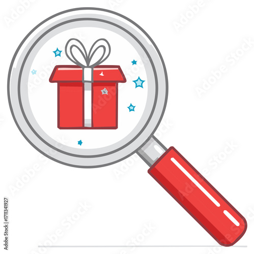 Magnifying glass focusing on a red gift box icon. Search for the perfect present concept illustration.