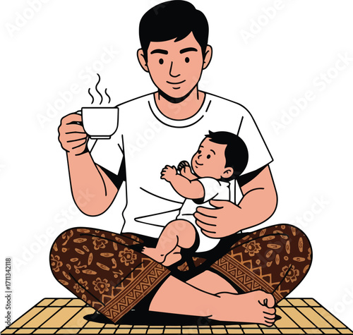 A loving latte dad gently cradles his infant child while enjoying a warm beverage, depicting a tender moment of modern parenthood and domestic comfort at home