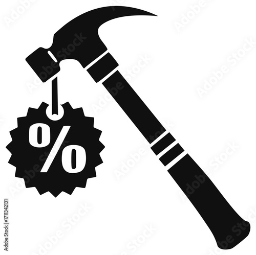 Hammer with a percentage discount tag hanging from it symbolizing construction sale or bargain