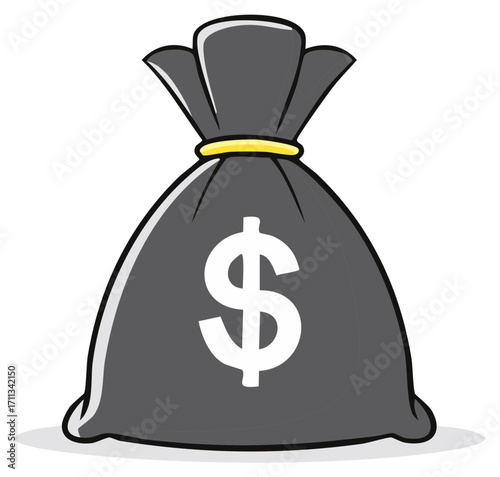 Cartoon illustration of a grey money bag with a dollar sign in white