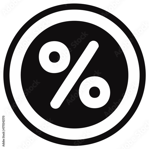 Bold black and white graphic symbol for percentage or discount in a circular frame