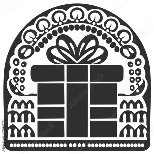 Ornate gift box with a bow in a decorative folk art papercut style frame