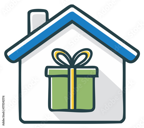 New Home Housewarming Gift Concept Illustration with Present Inside a House Icon