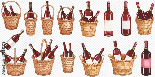 A hand-drawn collection of red wine bottles, some presented in various wicker gift baskets.