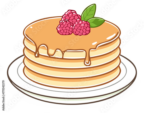 Stack of pancakes with syrup and raspberries on plate
