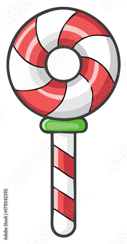 Cartoon lollipop with red and white swirl pattern, stick with a green top.