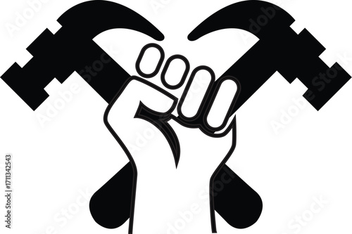 raised-fist-labor-symbol,
protest-icon-hammer-fist,
union-power-vector-graphic,
activist-solidarity-emblem
