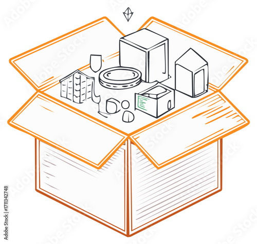 Conceptual Illustration of Open Cardboard Box Filled with Mixed Household Items
