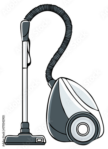 Modern gray canister vacuum cleaner illustration for household cleaning and chores