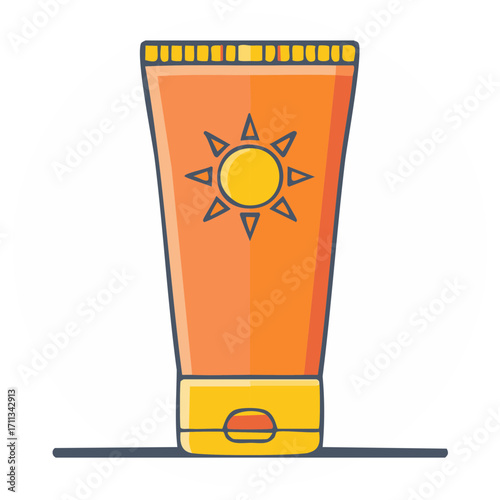 Sunscreen cream tube cartoon illustration, protection from sun rays for healthy skin.