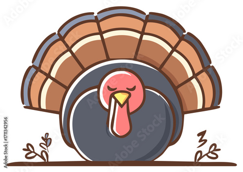Cute cartoon turkey illustration with colorful tail feathers for Thanksgiving holiday celebration