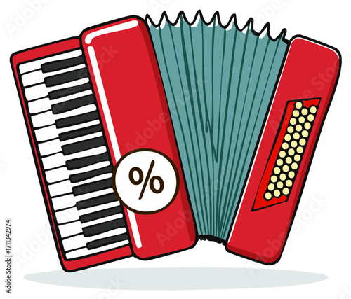 Accordion with percent symbol, musical instrument illustration, sales and discount concept