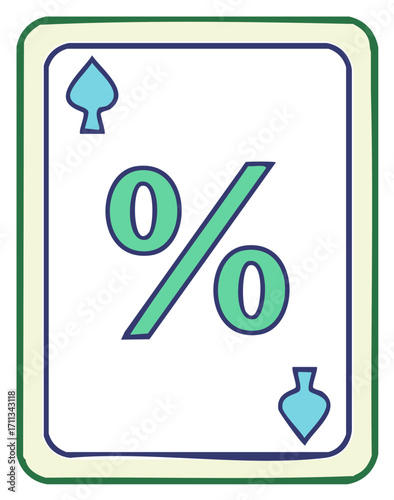 Playing card design with percentage symbol and suit symbols illustrated with stroke outlines