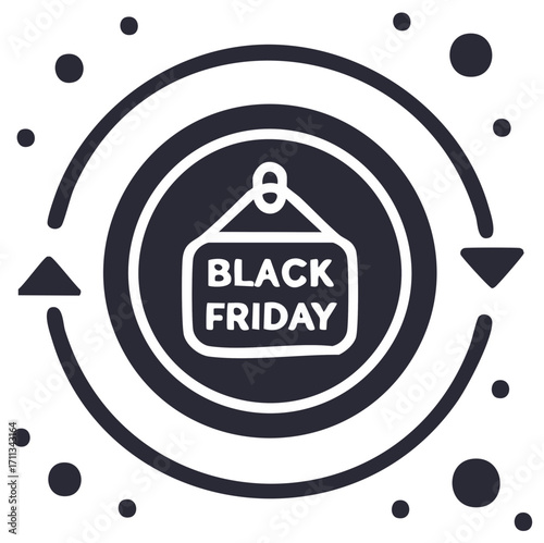 Circular Black Friday Sale Sign with Arrows and Dots, Seasonal Promotion Announcement, Holiday Shopping Round Banner