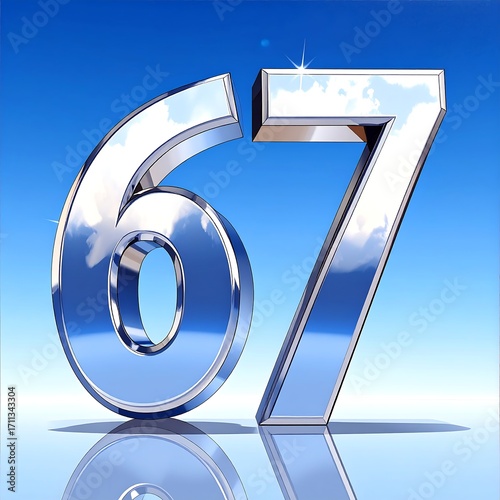Fotografía Metallic numbers 67 against a sky background
