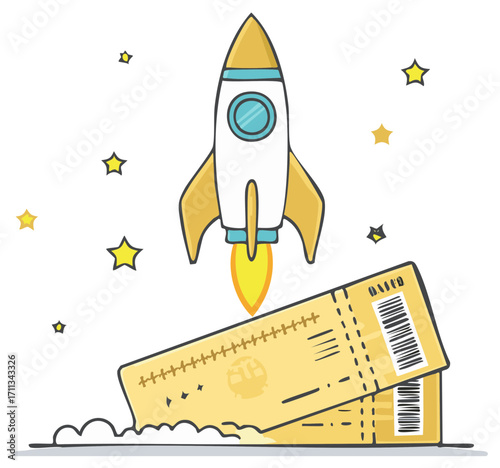 Cartoon rocket launching with two golden tickets for a fast space travel adventure