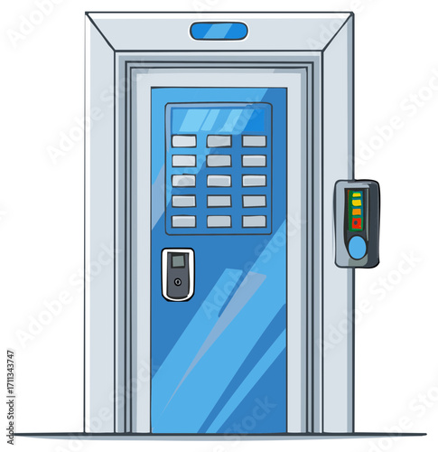 Modern secure access door with keypad, lock, and status panel, blue technology door for restricted rooms or areas