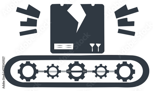 Damaged package on conveyor belt representing manufacturing defect or logistics failure concept