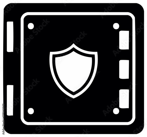 Strongbox safe with shield icon for bank, money and assets storage or deposit security