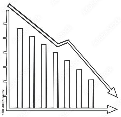 Hand drawn bar chart with declining trend line showing business financial crisis and market decrease