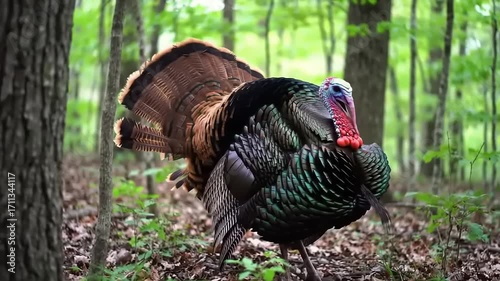 Wild turkey tom in full display strutting through a lush green forest