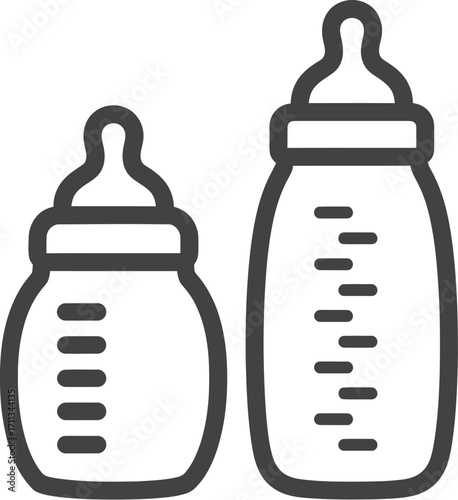 Two baby bottles, one smaller than the other, symbolizing feeding and infant care.