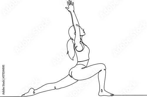 Graceful woman in a yoga pose, embodying strength and balance with arms reaching upwards.