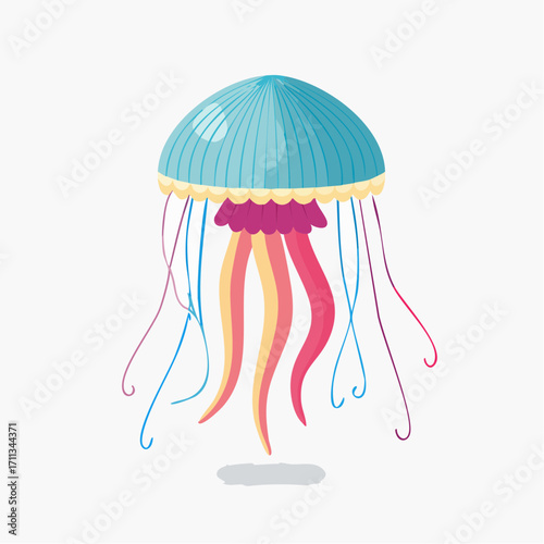Minimalist vector illustration of a vibrant aquatic jellyfish with flat design and smooth curves on a clean white background