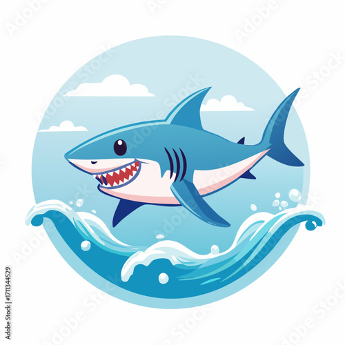 Cute Cartoon Shark in Ocean Waves Illustration