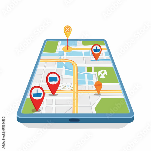 Digital navigation app with pins showing locations on a city map on a tablet screen