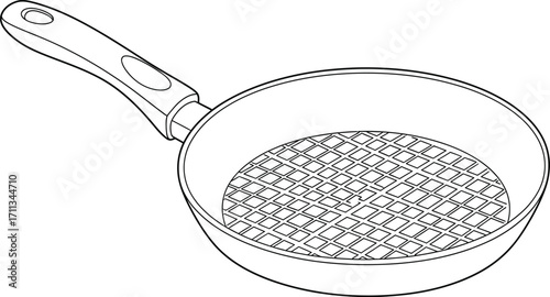 Simple line drawing of a frying pan with a waffle grid inside, ready for cooking.