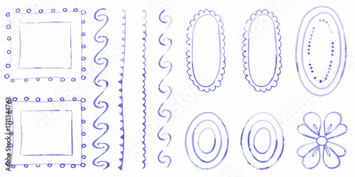 Collection of hand drawn blue watercolor borders and frames with decorative elements on white background