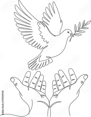 Symbol of hope and peace, a dove with an olive branch flies from open hands.