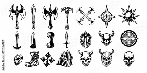 Collection of fantasy warrior icons including axes swords helmets skulls and shields