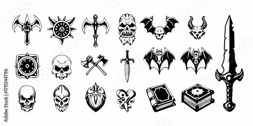 Collection of fantasy game icons and symbols including skulls bats axes swords shields and spell books
