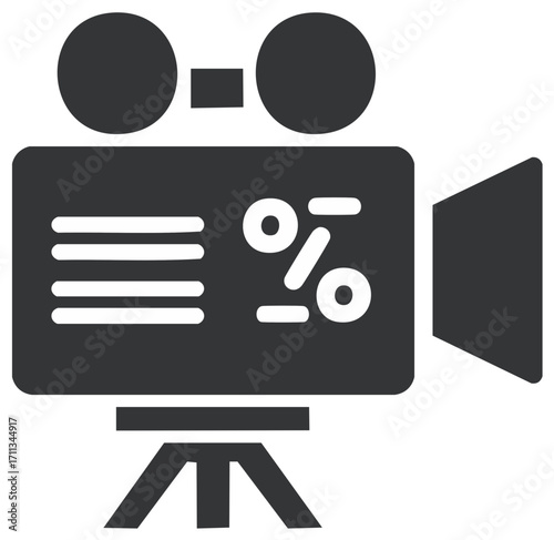 Film camera icon with percentage sign for video marketing, production budget, and sales concepts
