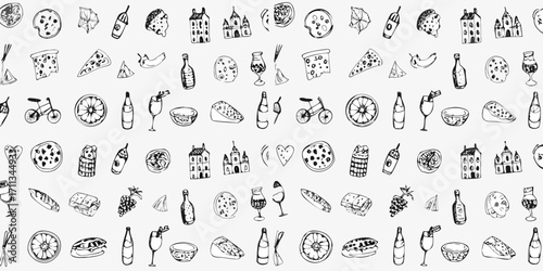 Whimsical hand drawn doodle pattern of food drinks and travel icons on white background